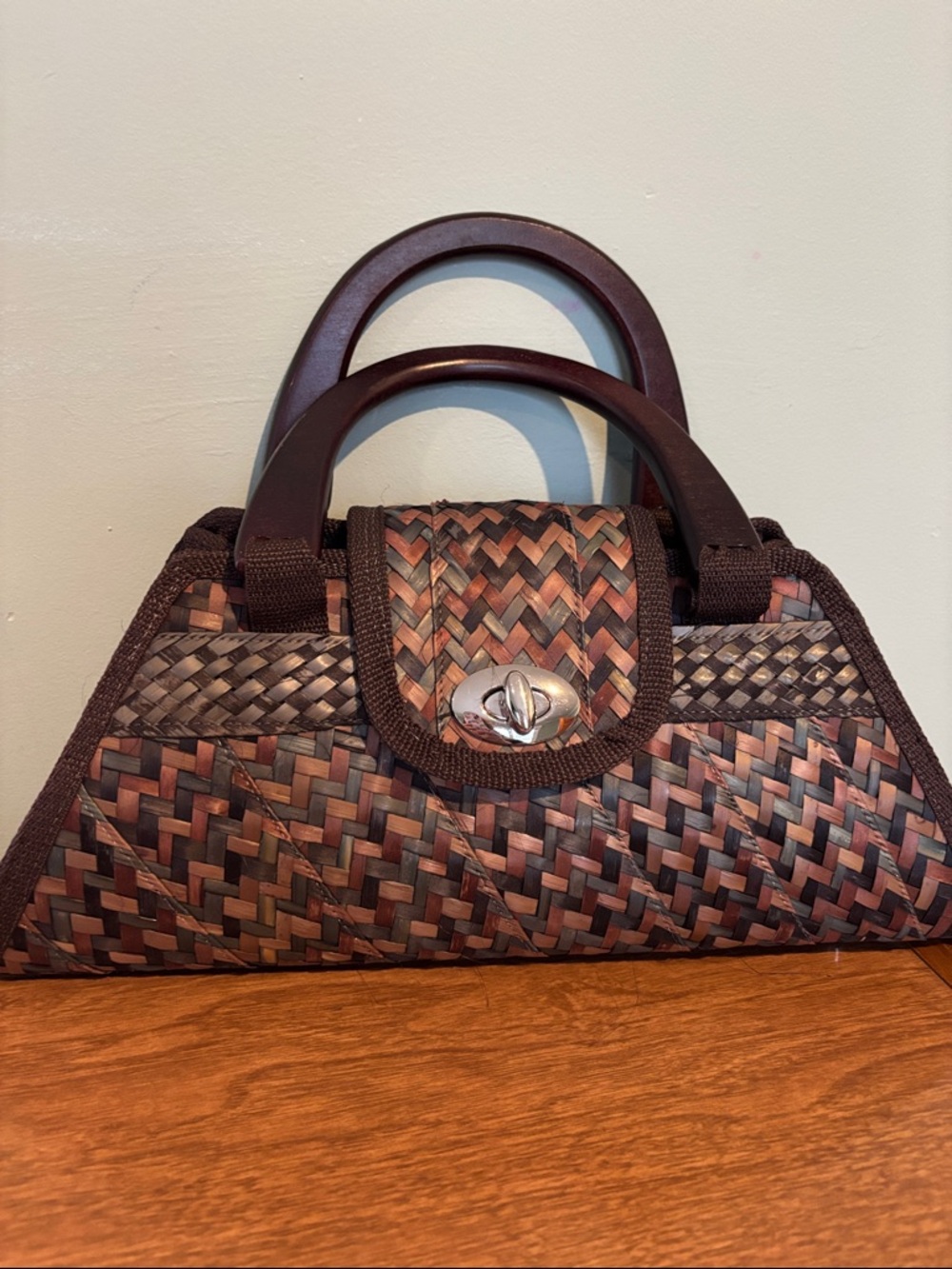 Woven Top-Handle Shoulder Bag in Brown and Tan